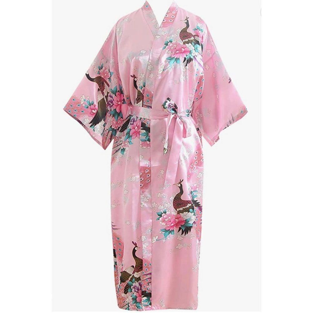 Babeyond Pink Peacock Print Kimono Satin Bath / Night Robe with Pockets Size M/L